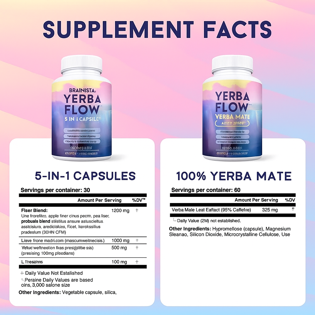 Yerba Flow's Capsules – Pure Yerba Mate & 5-in-1 Superblend | Clean Natural Energy | Dietary Supplement | 60 Capsules Fitness Edible